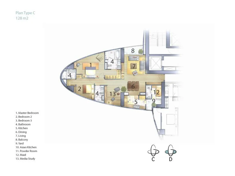 Two-Bedroom Type C: 128 sqm
